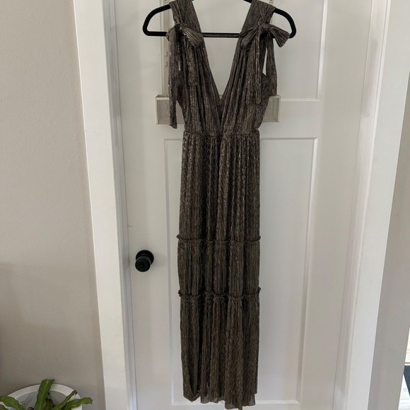 SABINA MUSAYEV Helena Metallic‎ Tiered Maxi Dress Silver Bronze sz Small No Belt - Picture 3 of 7